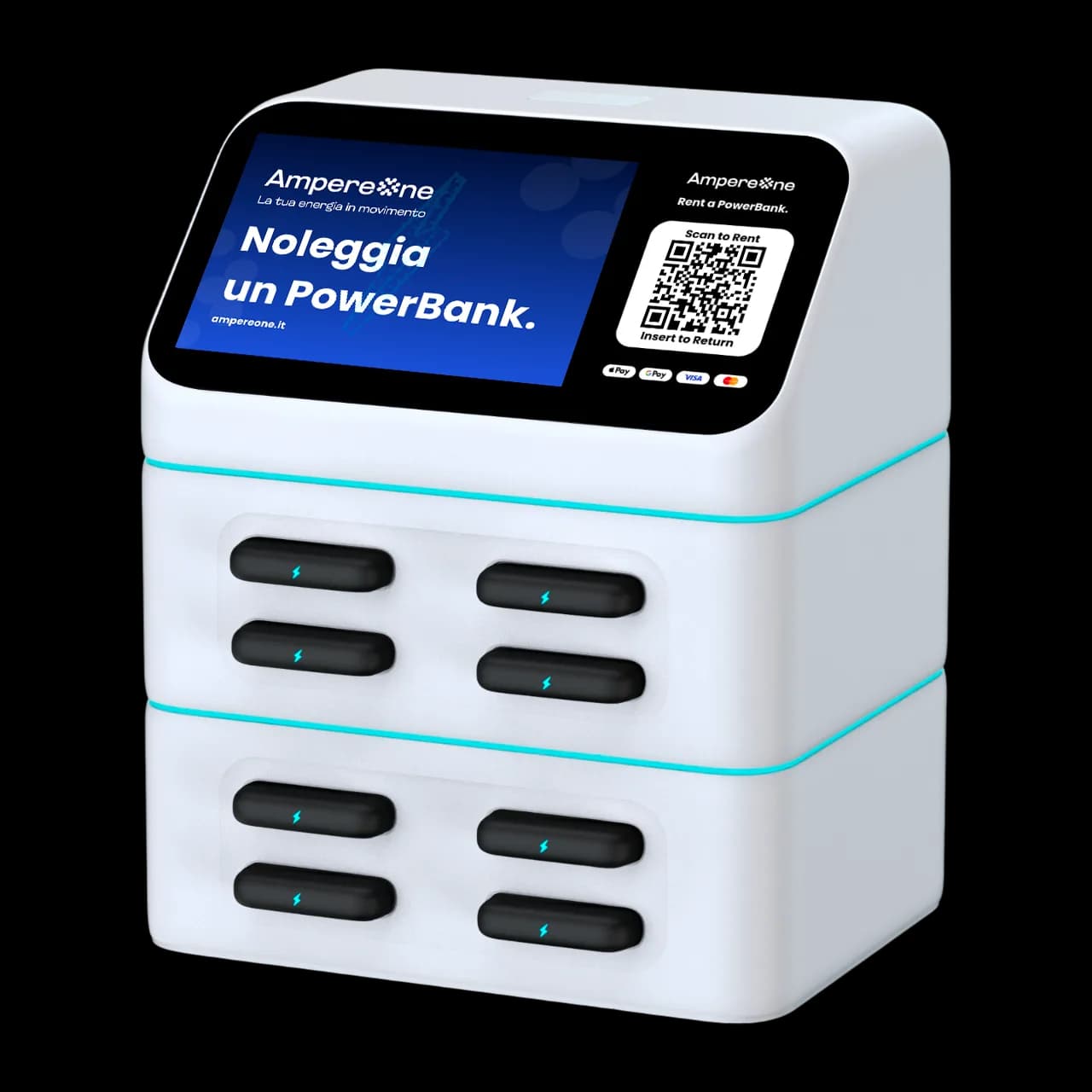 Stazione AmpereOne standard con display digitale QR code e pagamenti integrati